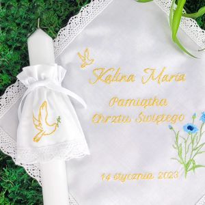 Świeca i szatka do chrztu - haftowana - chabry, gołąb